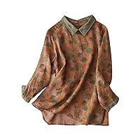 Womens Chinese Vintage Floral Cotton Linen Lapel Shirts Summer Long Sleeve Button Back Casual Fashion Pullover Tops