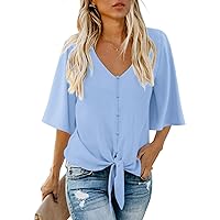 AWULIFFAN Women's Casual V Neck Batwing Sleeve Tops Tie Front Chiffon Blouses Button Down Shirts