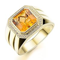 Men's Natural Big Citrine Gemstone Diamond Solid 14K Yellow or White Gold Wedding Engagement Promise Fashion Band Ring Set