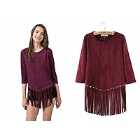 Women's Solid Faux Suede 3/4 Sleeves Round Neck Tassels Top Blouse
