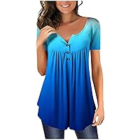 Womens Tops Hide Belly Tunic Summer Short Sleeve T Shirts Flowy Henley Tshirt Casual Dressy Blouses for Leggings