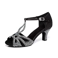 Minishion Women's T Strap Crystals Sparkle Med Low Heel Dance Sandals Party Sandals