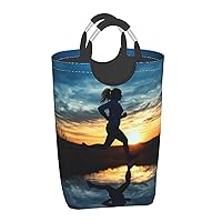 Laundry Basket Waterproof Laundry Hamper With Handles Dirty Clothes Organizer Blue Active Girl Running Sunset Print Protable Foldable Storage Bin Bag For Living Room Bedroom Playroom