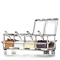 Clear Seasoning Rack Spice Pots by AIQI - 4 Piece Acrylic Seasoning Box - Storage Container Condiment Jars - Cruet with Cover and Spoon
