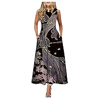 Dresses for Women Summer Round Neck Sleeveless Floral Print Dress A Line Swing Bohemia Maxi Dresses with Pocket