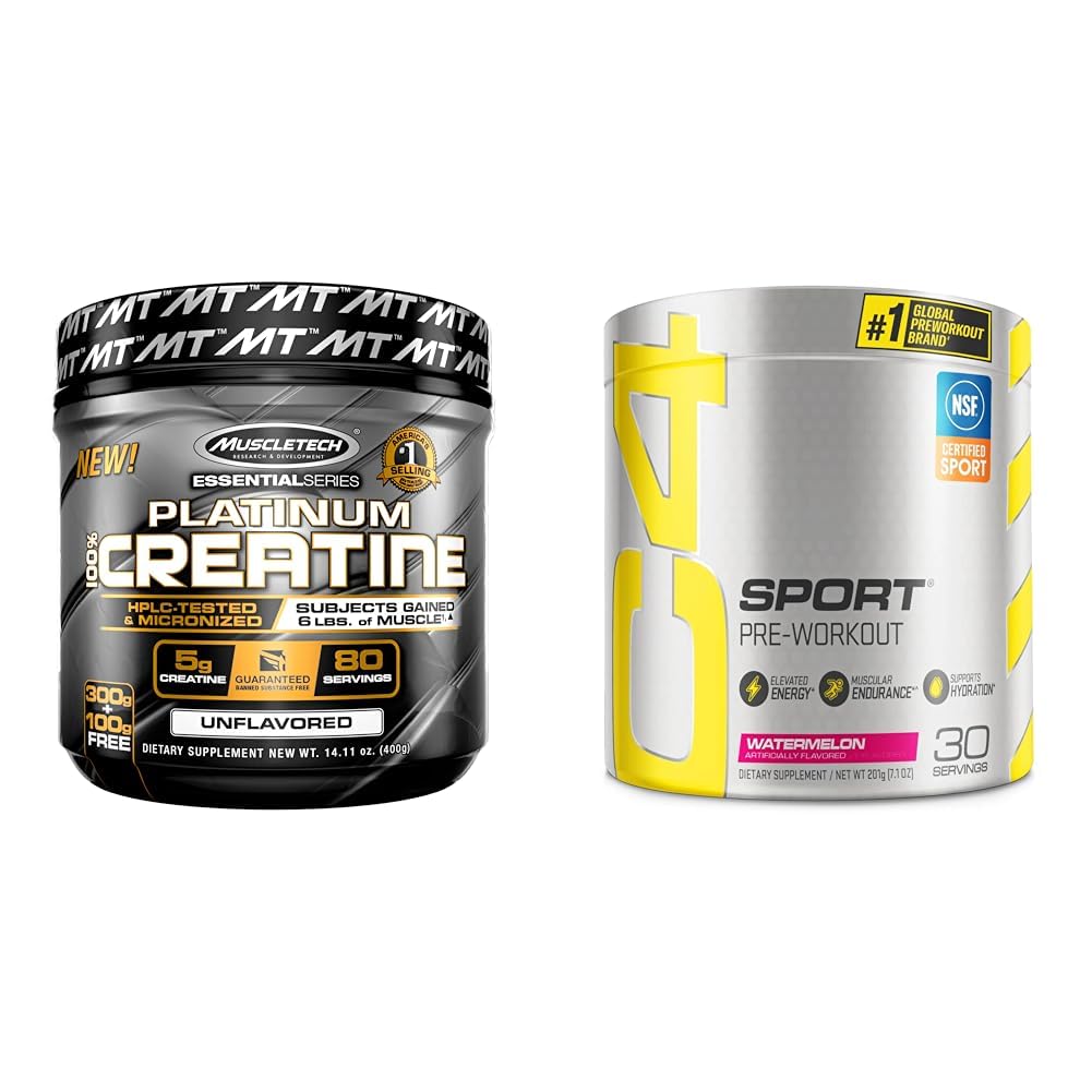 MuscleTech Creatine Monohydrate Powder Platinum Pure Micronized Muscle Recovery + Builder & Cellucor C4 Sport Pre Workout Powder Watermelon - Pre Workout Energy with Creatine