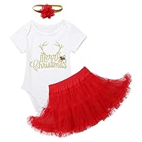 TiaoBug Christmas 3pcs Outfit Set My Baby Girls First christmas Short Sleeves Shiny Letters Rompers with Tutu Skirt Headband