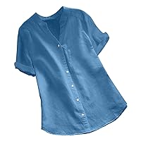 Womens Cotton Blouses Casual Button Down Shirts Short Sleeve Loose Fit Work Tops Solid Color T Shirts Classic Tees