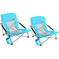 Adults Low Beach Chair, Sling, Folding, Portable, Concert, Kids, Boat, Sand Chair with Cup Holder & Carry Bag (2 Pack of Blue)
