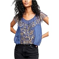 Free People Women's Sequin Tulle Off the Shoulder Top, Wild Moon, XS Blue