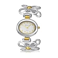 Two Tone Open Daisy Flower Band White Oval Dial Cuff Wrist Watch for Women Gold Plated Silver Tone Metal Analog Quartz