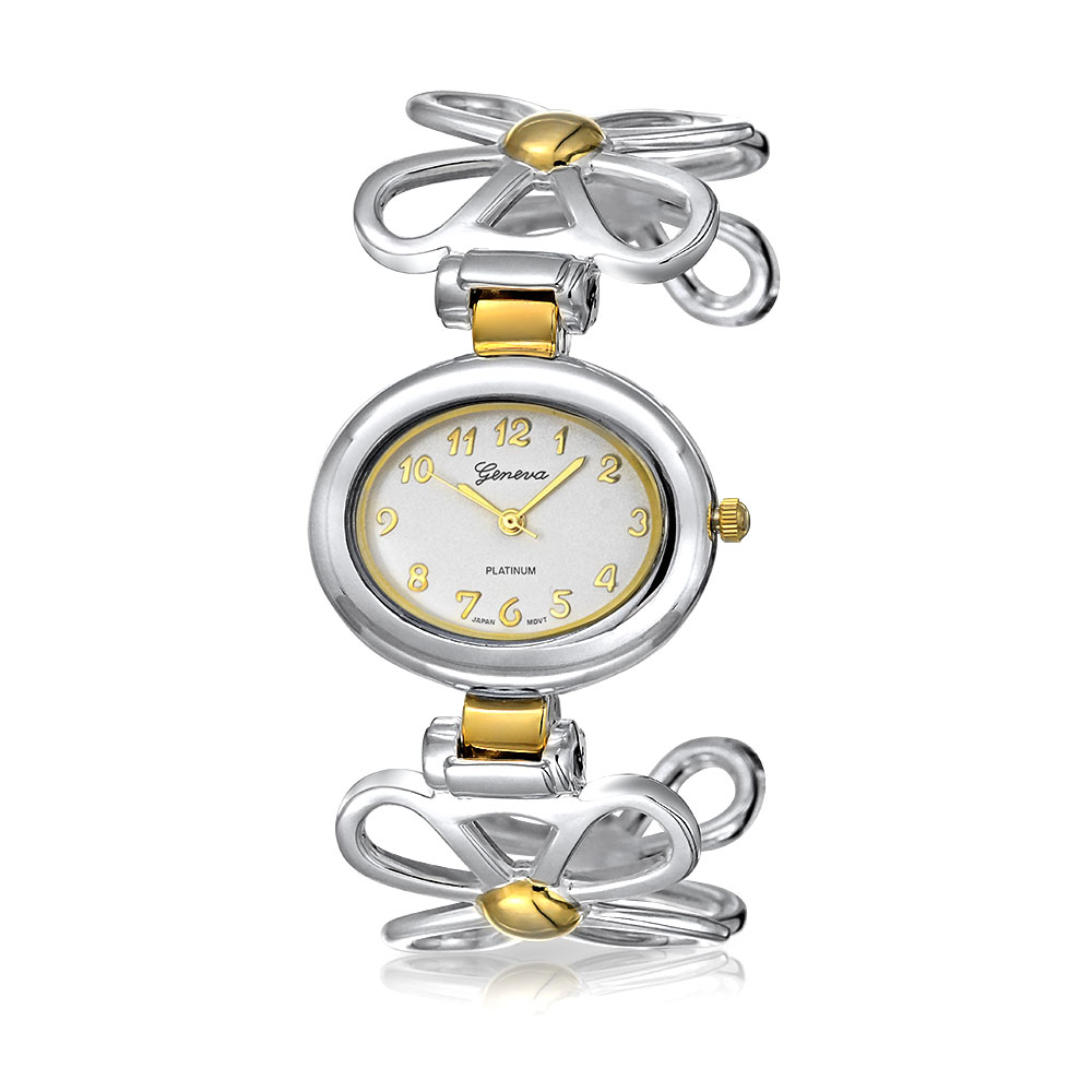 Bling Jewelry Two Tone Open Daisy Flower Band White Oval Dial Cuff Wrist Watch for Women Gold Plated Silver Tone Metal Analog Quartz