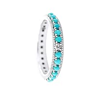 14K White Gold Genuine Diamond-Turquoise Eternity Wedding Band Ring Size-8 US