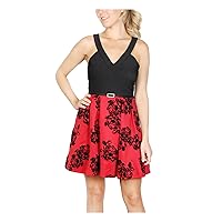 Womens Black Belted Floral Sleeveless V Neck Short Party Fit + Flare Dress Juniors 9