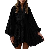 Aofur Summer Cotton V Neck Long Losse Sleeve Casual Party A-Line Dresses Embroidery Short Dress