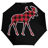 Moose Buffalo Plaid Travel Umbrella 3 Folde Umbrellas for Sun&Rain Lightweight Folding Umbrellas for Women Men