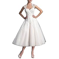 Women's Cap Sleeves Appliques Tea Length Ball Gown Wedding Dresses