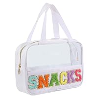 Chenille Letter Patch Clear Bag,Preppy Multi-purpose PVC&Nylon Clear Makeup Bag with Handles,Large Travel Makeup Toiletry Storage Zipper Pouch, Tote Bag for Women (White-SNACKS)