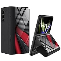 SHIEID Galaxy Z Fold 5 Case with Kickstand - Luxury Fold Plating Glass Crystal Hybrid Leather All-Inclusive Cover with Hinge Protection for Samsung Galaxy Z Fold 5 Case, Red&Black