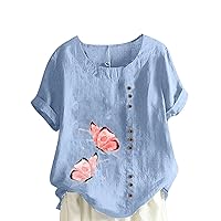 Linen Shirts for Women 2024 Crewneck Plus Sized Tunic Blouse Casual Short Sleeve Button Down Summer Tops