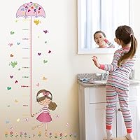Colorful Flowers Birds Girl Holding Umbrella Height Sticker, Growth Height Chart Measuring Removable Wall Decal, Children Kids Baby Home Room Nursery DIY Decorative Adhesive Art Wall Mural