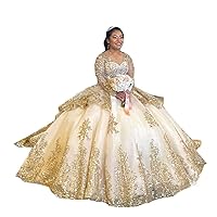 Mollybridal 2024 Sheer Neck Pearls Asymmetrical Ball Gown Quinceanera Prom Dresses Gold Embellishments Long Illusion Sleeve