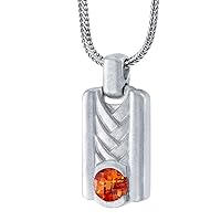 Peora Created Padparadscha Sapphire Chevron Pendant Necklace for Men in Sterling Silver, Round Shape, Brushed Finished, with 22-Inch Italian Chain