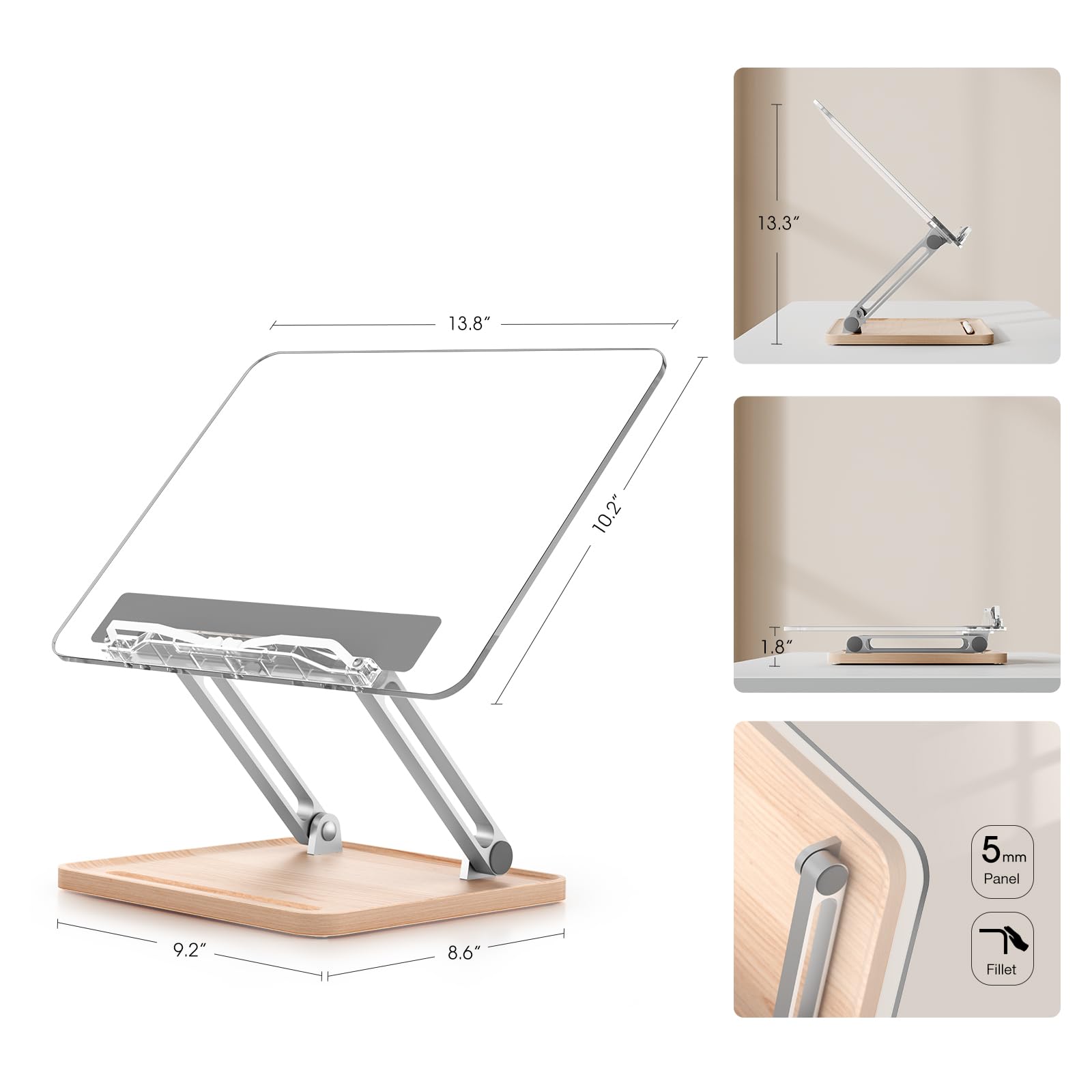 Adjustable Acrylic Book Stand for Reading, UPERGO Book Holder with Pen Slot, Foldable Desktop Riser for Laptop, Recipe, Textbook - Hands-Free,Cookbook Stand, Clear Design with Page Clips
