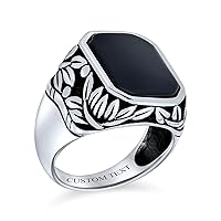 Personalize Retro Vintage Style Elegant Leaf Vine Accent Black Onyx Gemstone Octagon Rectangle Signet Ring Western Jewelry For Men Heavy Oxidized .925 Sterling Silver Handmade In Turkey
