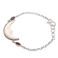 NOVICA Handmade .925 Sterling Silver Garnet Pendant Bracelet Crescent Moon Bone Indonesia Birthstone Gemstone Sun 'Happy Crescent'