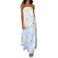 Women Long Bodycon Dress Boho Flower Print Boat Neck Strapless Tube Dress Summer Off Shoulder Backless Party Dress