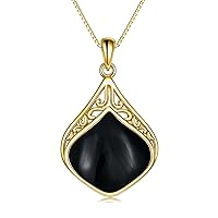 YAFEINI Black Onyx Necklace Sterling Silver Teardrop Necklace 18K Gold Plated Nordic Filigree Boho Chain Pendant Necklace Jewellery Gifts for Women Girls