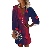 American Flag Apparel for Women Patriotic Dress for Women Sexy Casual Vintage Print with 3/4 Length Sleeve Deep V Neck Independence Day Dresses Deep Red Large