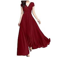 Women's V-Neck Solid Color Short Sleeve Chiffon Waist Closing Evening Dress Simple Dresses