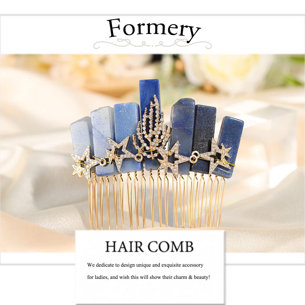 Formery Stars Natural Stone Hair Comb Gold Rhinestone Leaf Bridal Side Comb Wedding Party Photo-shoot Handmade Blue Aventurine Crystal Hair Accessories for Women