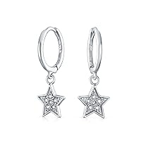 American Patriotic Celestial Circle Disc Rock Star Dangle Charm Sparkling Pave CZ Stars Huggie Hoop Kpop Earrings For Teen Unisex Women .925 Sterling Silver