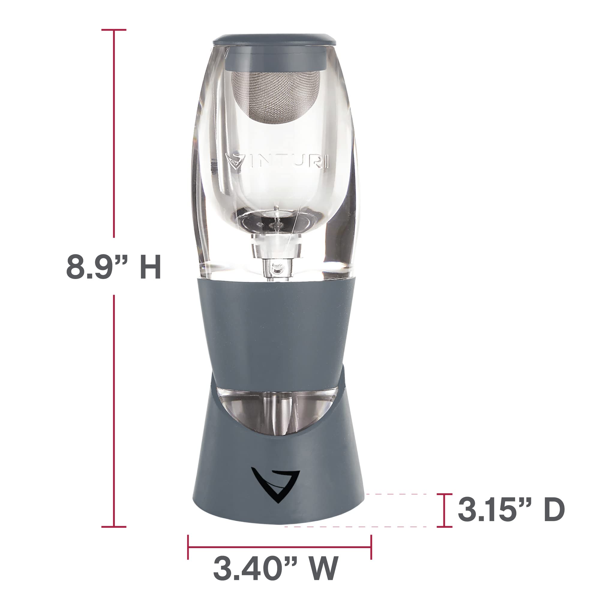 Vinturi Red Wine Aerator Pourer and Decanter Enhances Flavors with Smoother Finish, Includes No-Drip Base, Gray