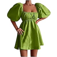 Womens 2023 Summer Short Puff Sleeve Square Neck Cotton Linen Mini Dress High Waist Fashion Casual Solid Sexy Dress