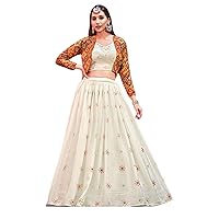 Beige Indian Eid Festival Chiffon Jacket Style Skirt & Top Set Girls 8274