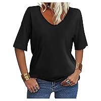 Women's V Neck Tops Elbow Length Shirts Loose Fit Summer Tops Basic Tees