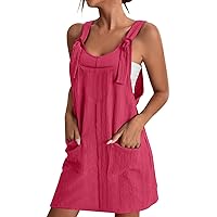 Sundresses for Women 2024 Cotton and Linen Spring Summer Beach Overalls Dress with Pockets Plus Size Crewneck Sundress
