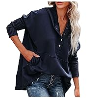 Womens Casual Button V Neck Hoodies Multicolor Doll Sleeve Oversized Sweatshirt Loose Thread Stitching Top