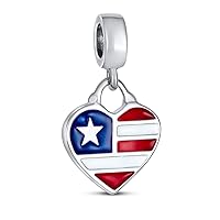 Red White Blue Stripe Holiday American USA Patriotic Flag Words Military Wife Ribbon Star Heart Shape Charm Bead For Women Teens .925 Sterling Silver Fits European Bracelet