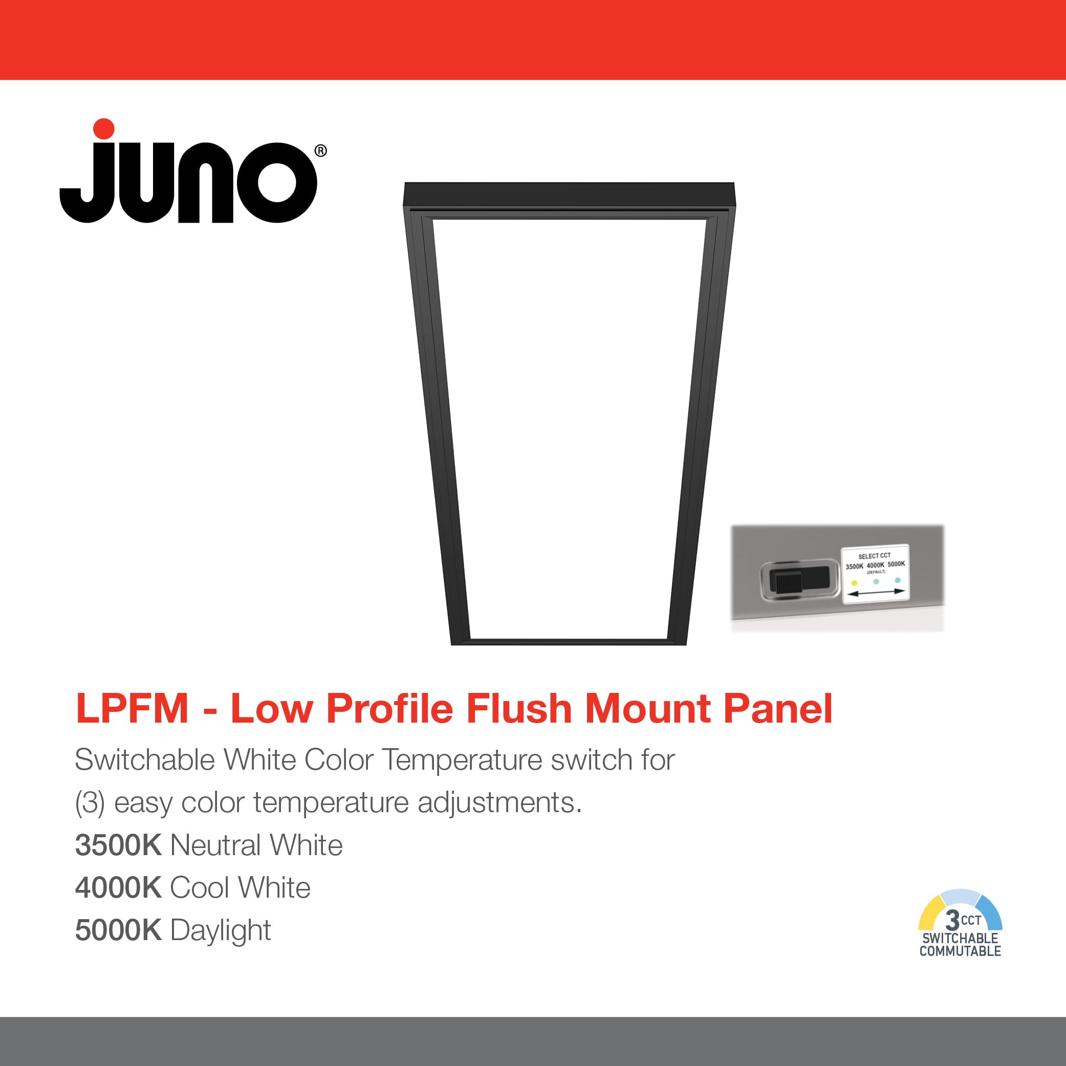 Juno LPFM 1X4 40L SWW7 120 TD DCMK WBT Low Profile Flush Mount Flat Panel Ceiling Light, CCT Switchable Panel with DCMK Bracket, 3500K, 4000K, 5000K, 1-Foot by 4-Foot, Black