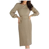 Fall Sweater Dress for Women Fashion Casual Solid Color Round Neck Long Sleeves Knitted Slim Fit Pleated Dress