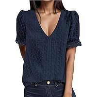 2024 Puff Sleeve Dressy Tops Blouses for Women Eyelet Spring Short Sleeve Tee Shirts Lace Flowy Cute T Shirts V Neck