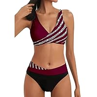 Women's Tummy Control Bathing Suits Two Piece High Waist Criss Cross Wrap Bikini Sets Color Block Swimsuits Swimwear