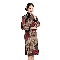 Qipao Autumn and Winter Women Silk Chinese Printed Addition Cotton Cheongsam New Year Lace Dress