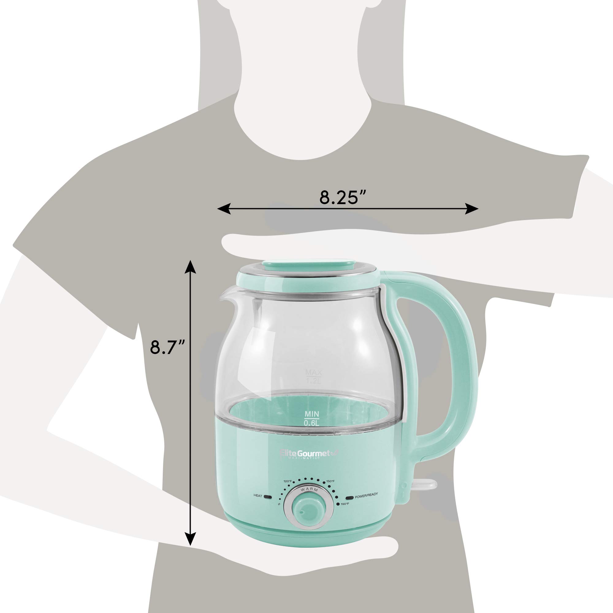 Elite Gourmet EKT1220M 1.2L Electric BPA-Free Glass Kettle, Temperature Dial, Keep Warm Function, Cordless 360° Base, Blue LED Interior, Auto Shut-Off Function – Quick Boil, Mint