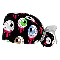 2 Pieces Adjustable Working Cap with Buttons and Ribbon Tie for Women Long Hair,Happy Halloween Eyeballs Human